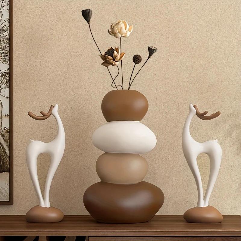 3pcs Creative Resin Stacked Stone Vase and Deer Collectible Figurine Set | Unique Christmas Gifts for Living Room, Bedroom, Office Desk, Bookshelf