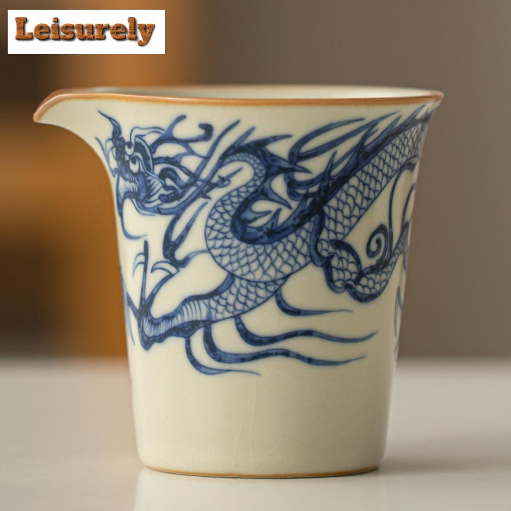 Handmade Ru Kiln Porcelain Tea Pitcher Blue and White Dragon Pattern Fair Cup Cha Hai Justice Cup Tea Services Craft Supplies