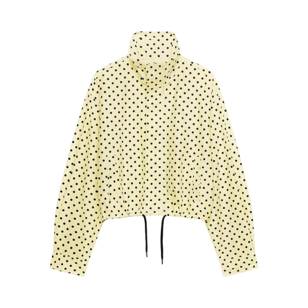 Chaqueta Ligera de Mujer con Cuello Alto, Lunares, Mangas Abullonadas, Dobladillo con Cordón, Ropa Exterior Casual