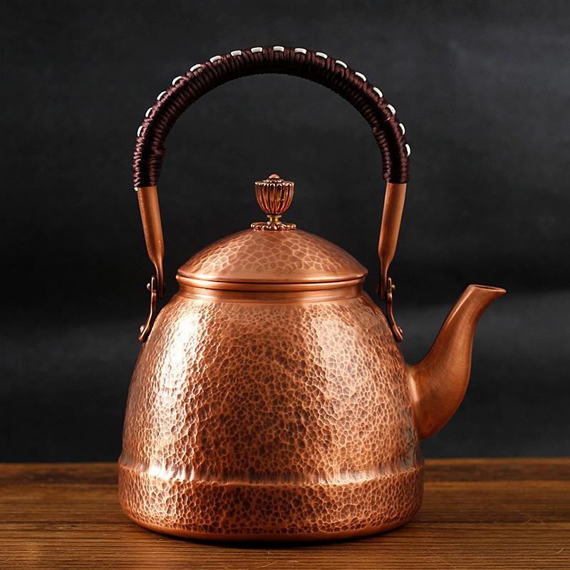 Handmade Retro Hammered Copper Teapot, Uncoated Hand Hammered Purple Copper Teapot, Red Copper Handle Teapot, Boiling Kettle