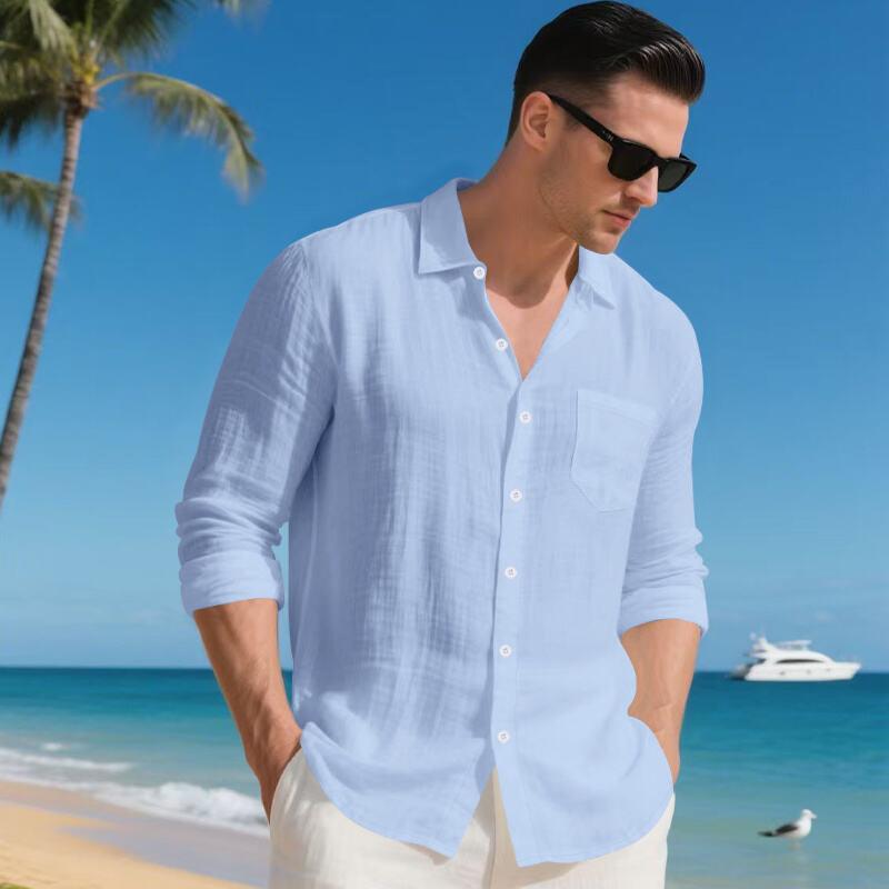 New Spring and Autumn Loose American Linen Breathable Casual Men's Lapel Long-sleeved Shirt