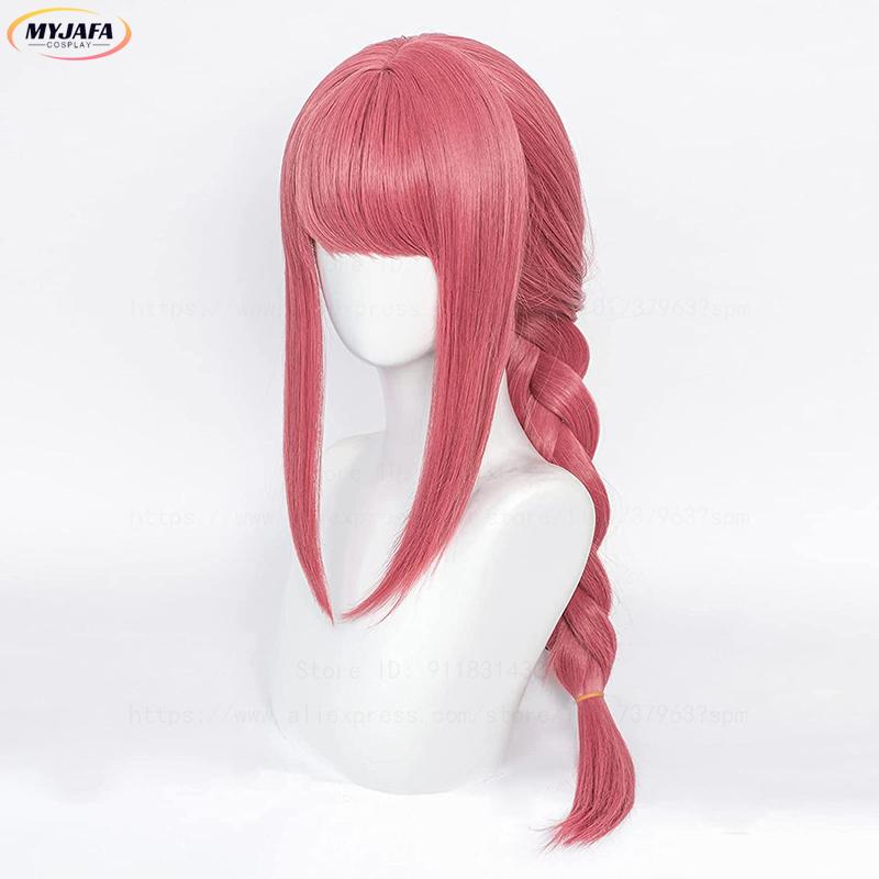 High Quality Makima Cosplay Wig Anime Chainsaw Man Cosplay Long Coral Pink Braided Heat Resistant Hair Role Play Wigs + Wig Cap