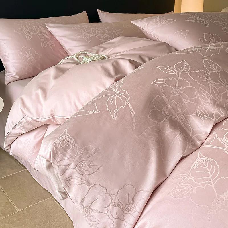 Light Luxury Satin Jacquard Solid Fitted Sheet Sets Pure Cotton Skin-Friendly Soft Quilt Cover 1.5/1.8M Bed Bedding for Adults