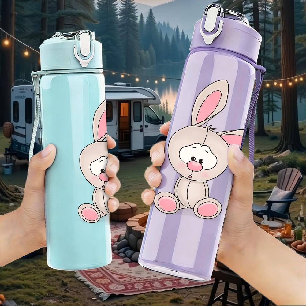 1PC Plain Cute Sitting White Bunny Print 750ml Color Plastic Sports Water Bottle Leakproof Flip Straw Lid Suitable for Sports Office Home Use