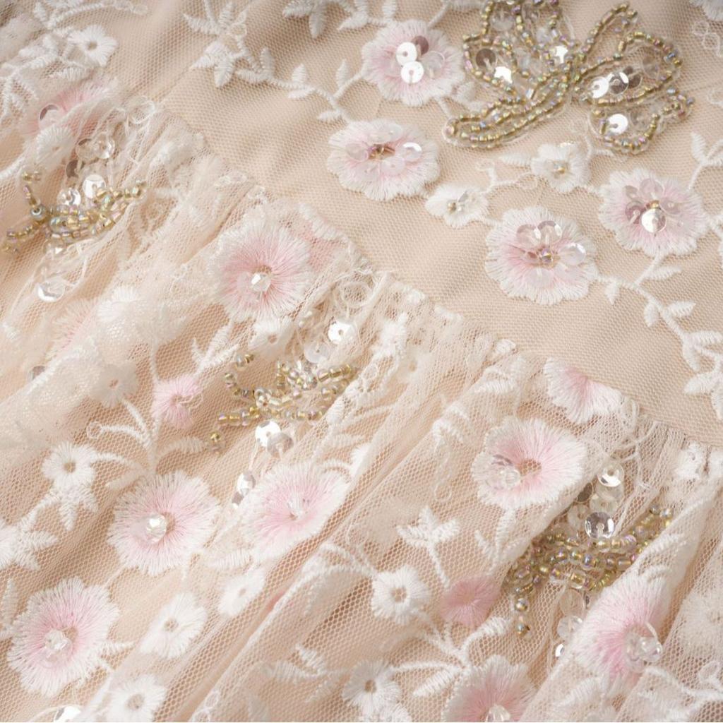 Pink Mesh Embroidery Dress, Horn Sleeves, 7-point Long Skirt, Birthday Party Dress.