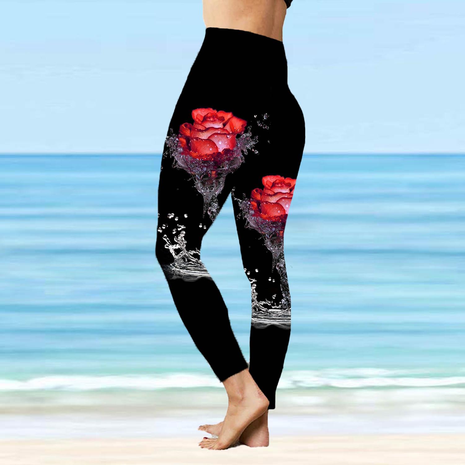 

Женские эластичные леггинсы для йоги с принтом водяной розы, спортивные штаны для фитнеса, бега, спортзала и активного отдыха 8XL красный