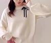 Autumn and winter new bow bead knitted sweater women's versatile solid color pullover soft waxy sweater top women