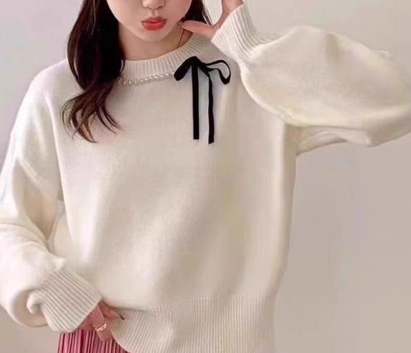 

Autumn and winter new bow bead knitted sweater women s versatile solid color pullover soft waxy sweater top women one size fits all