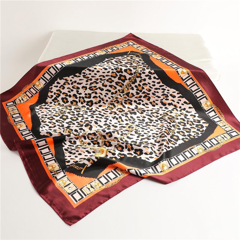 Leopard Print Luxury Silk-Like Scarf - 90cm Autumn/Winter Fashion Women's Shawl with Chain Letter Design