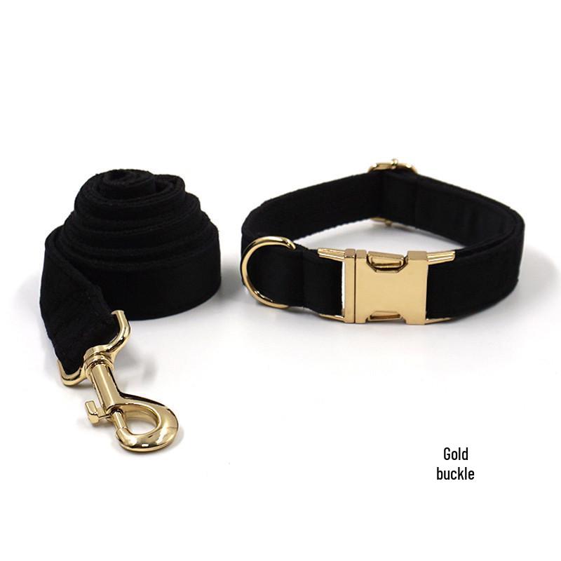 Black Velvet Dog Collar & Leash Set with Gold Buckle Large