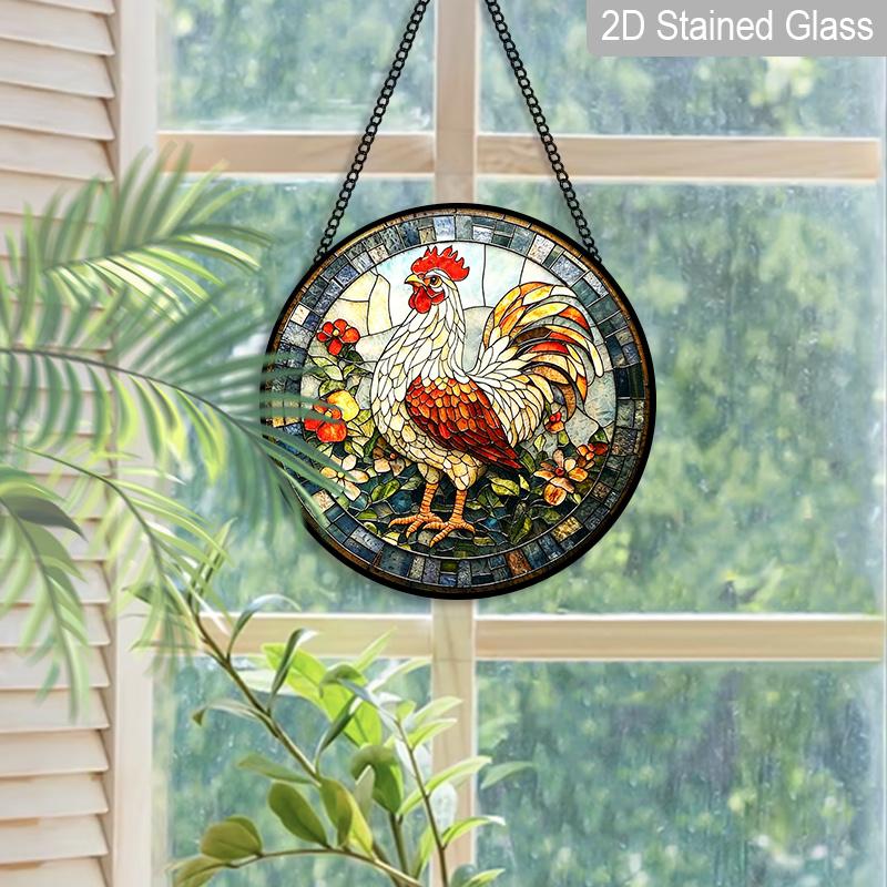 2D Flat Stained Glass Rooster Window Decoration, 6.3/7.87inches Colored Glass Plate with Chain, Charming Sun Catcher Home Decor, Unique Holiday
