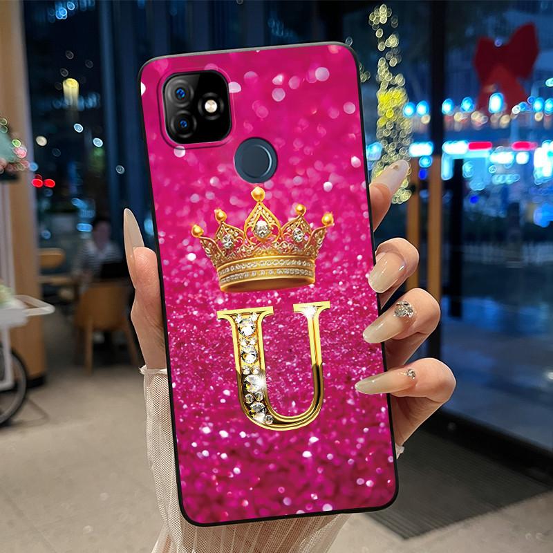 

Phone Case For Itel P36 Play/Vision 1 Beautiful Trendy Crown Initial Letter Pattern Couple Soft Silicone Shockproof Black Casing Itel Vision 1