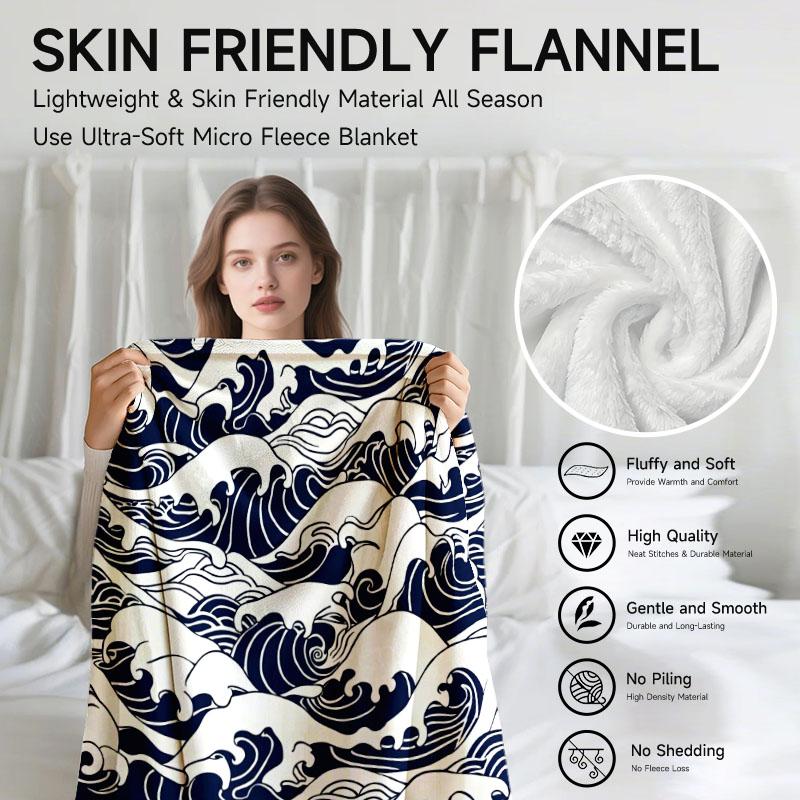 1 Stück blau-weiß gestreifte Flanelldecke mit Wellenmotiv, weich, geeignet für Sofa, Bett, Büro, ganzjährige Nutzung.