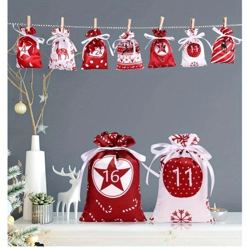 Christmas Advent Calendar Bags 24 Days Countdown Set Candy Bag Drawstring Gift Bag Hanging Gift Bags for Party Home Ddecoration