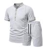 Men's 2-Piece Casual Outfit Henley Neck Short Sleeve T-Shirt Elastic Waist Shorts Set Summer Breathable Textured Tracksuit