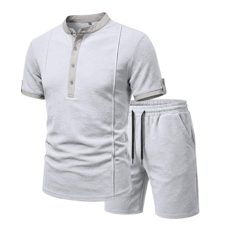 

Men s 2-Piece Casual Outfit Henley Neck Short Sleeve T-Shirt Elastic Waist Shorts Set Summer Breathable Textured Tracksuit M світло-сірий колір