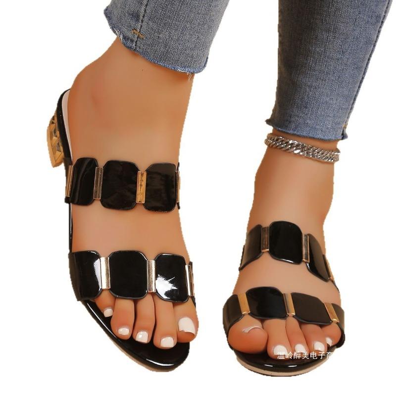 Jednopaskowe buty na średnim obcasie Kapcie Damskie Zapinane Buty na grubym obcasie Modne japonki