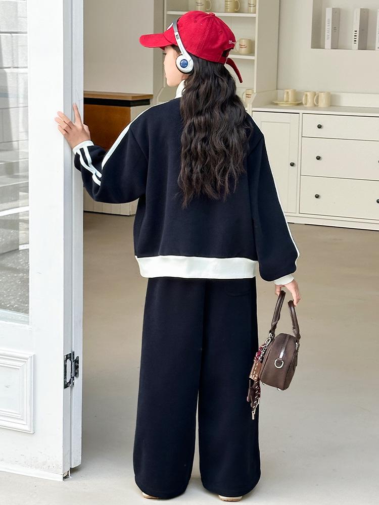 Girls' 2025 Trendy Autumn Two-piece Set: Stand-up Collar Jacket & Wide-leg Pants