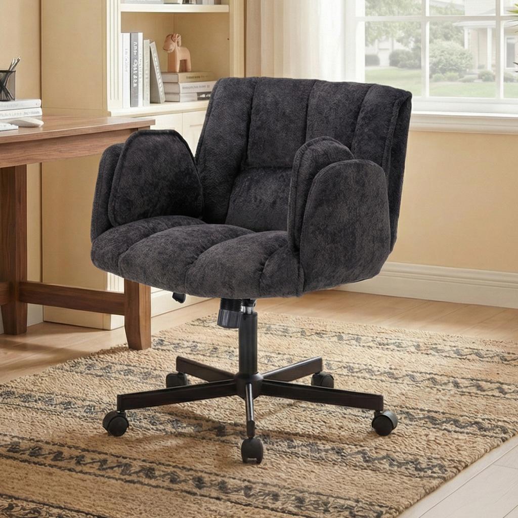 Silla de oficina en casa, silla giratoria, silla de escritorio con ruedas, silla de oficina giratoria con reposabrazos plegables, capacidad de carga 150 kg, altura ajustable, negra