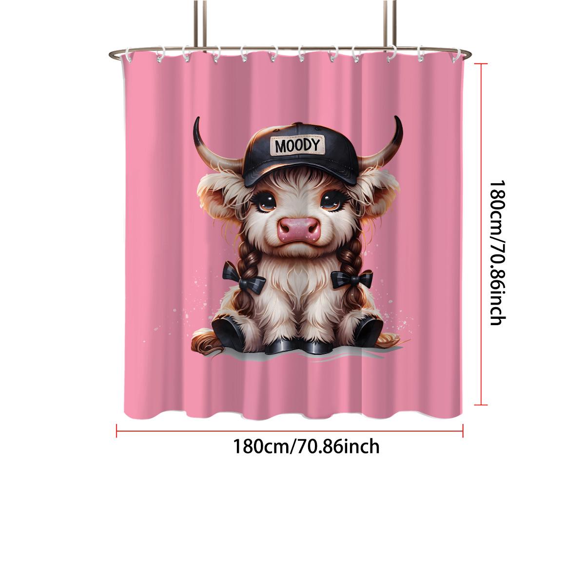 

1pc Cartoon Highland Cow Print Waterproof Shower Privacy Hanging Curtain with 12 Hooks, Multiple Sizes Machine Washed 90x180cm