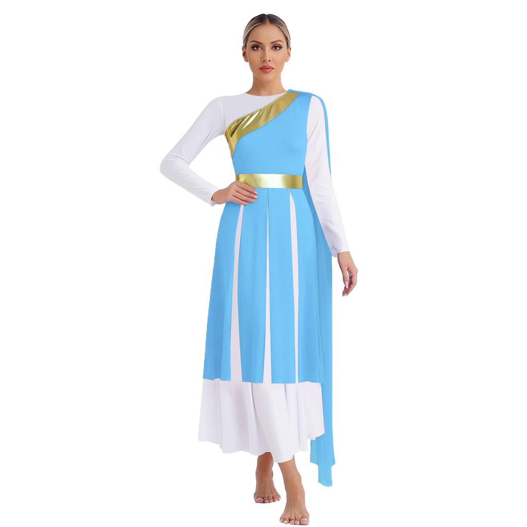 S-XXL Lyrical Worship Dance Dress One Shoulder Sleeveless Metallic Shiny Patchwork Slit Hem Tunic with Drape for Stage