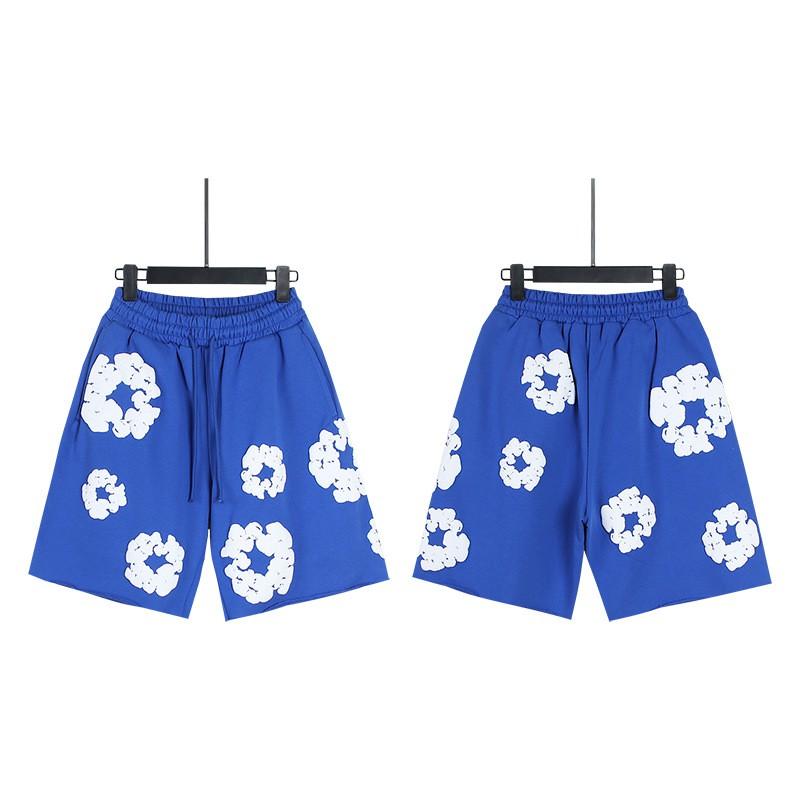Men Women Streetwear Oversized Denim Shorts With Cotton Puff Floral Print Loose Fit Short Pants