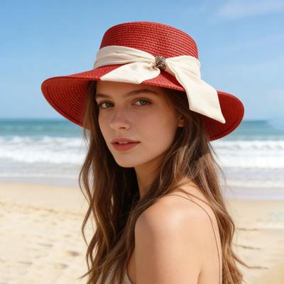 Straw Hat Lightweight Breathable Flat Top Wide Brim Sun Protection Hat Metal Buckle Ribbon Decorated Hat Summer Beach Hat