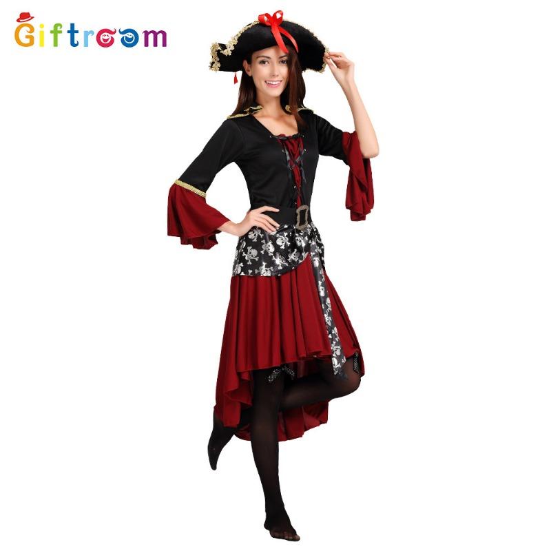 Halloween Maskerade Cosplay Fluch der Karibik Piratenkostüm Weiblich Rotes Kleid Schwarze Weste Pirat