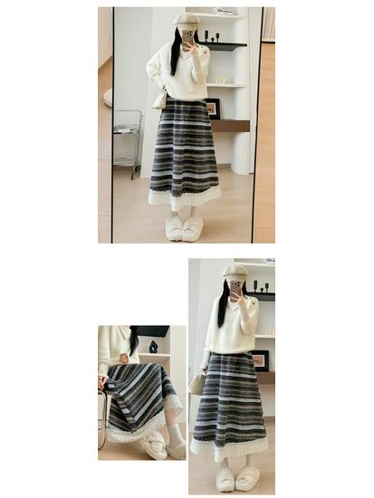 Women's Striped A-Line Skirt: Autumn/Winter 2025 High-Waist Wool Blend with Plus Velvet, Mid-Length Slimming Umbrella Style