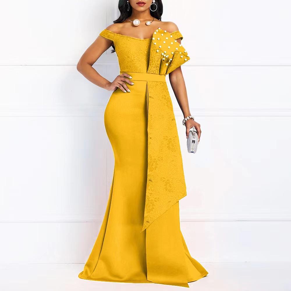Cross-border INS One-Shoulder Lace Bubble Bead Dress