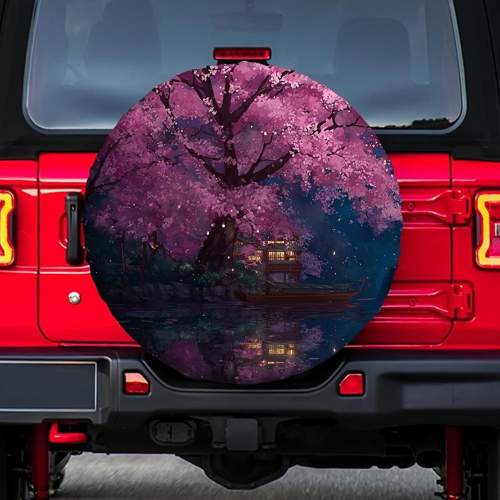 Cherry Blossom Landscape Tire Cover Waterproof Polyester Spare Wheel Protector for SUV Trailer