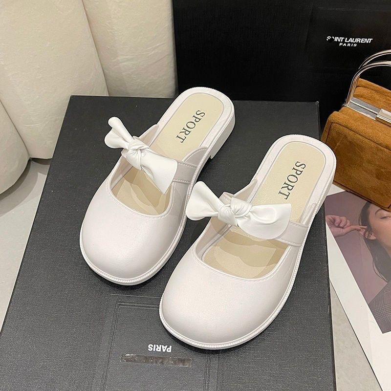 

Fashion Flat bottomed women s casual and versatile fashionable bow bow toe half slippers for summer 2025 40 белый