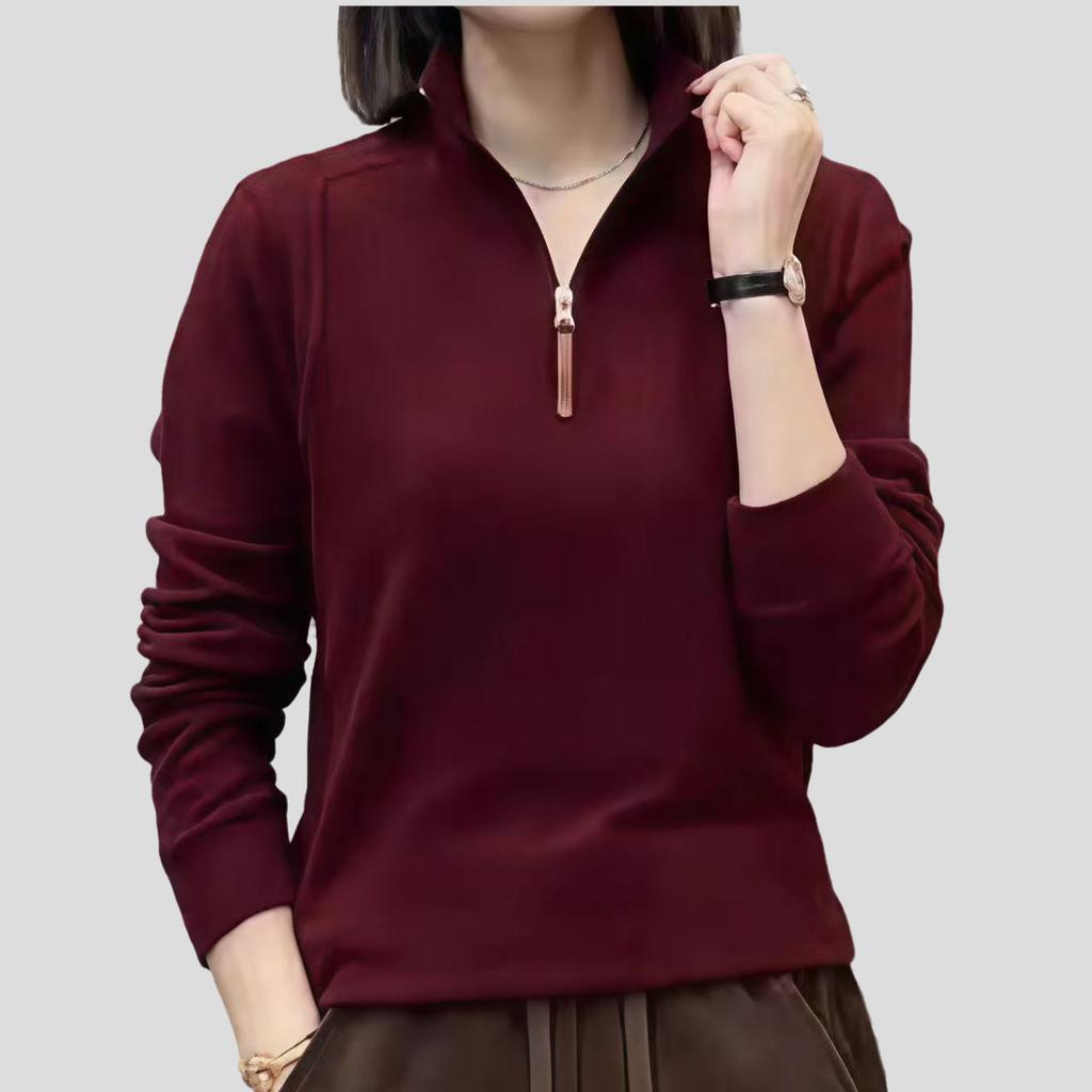 Spring and Autumn Women's Stand Collar Plus Size Fleece Base Shirt Warm Solid Color Pullover Long Sleeve T-Shirt Outwear