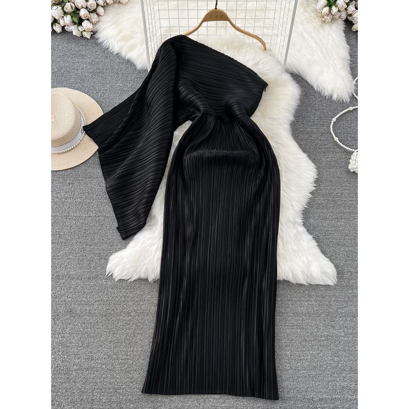 Sanzhai Ruched Socialite One-Shoulder Cold-Shoulder Dress Dress