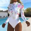 Women Long Sleeve One Piece Swimsuit Zip Front  Plant  Print Rash Guard Surfing Bathing Suit