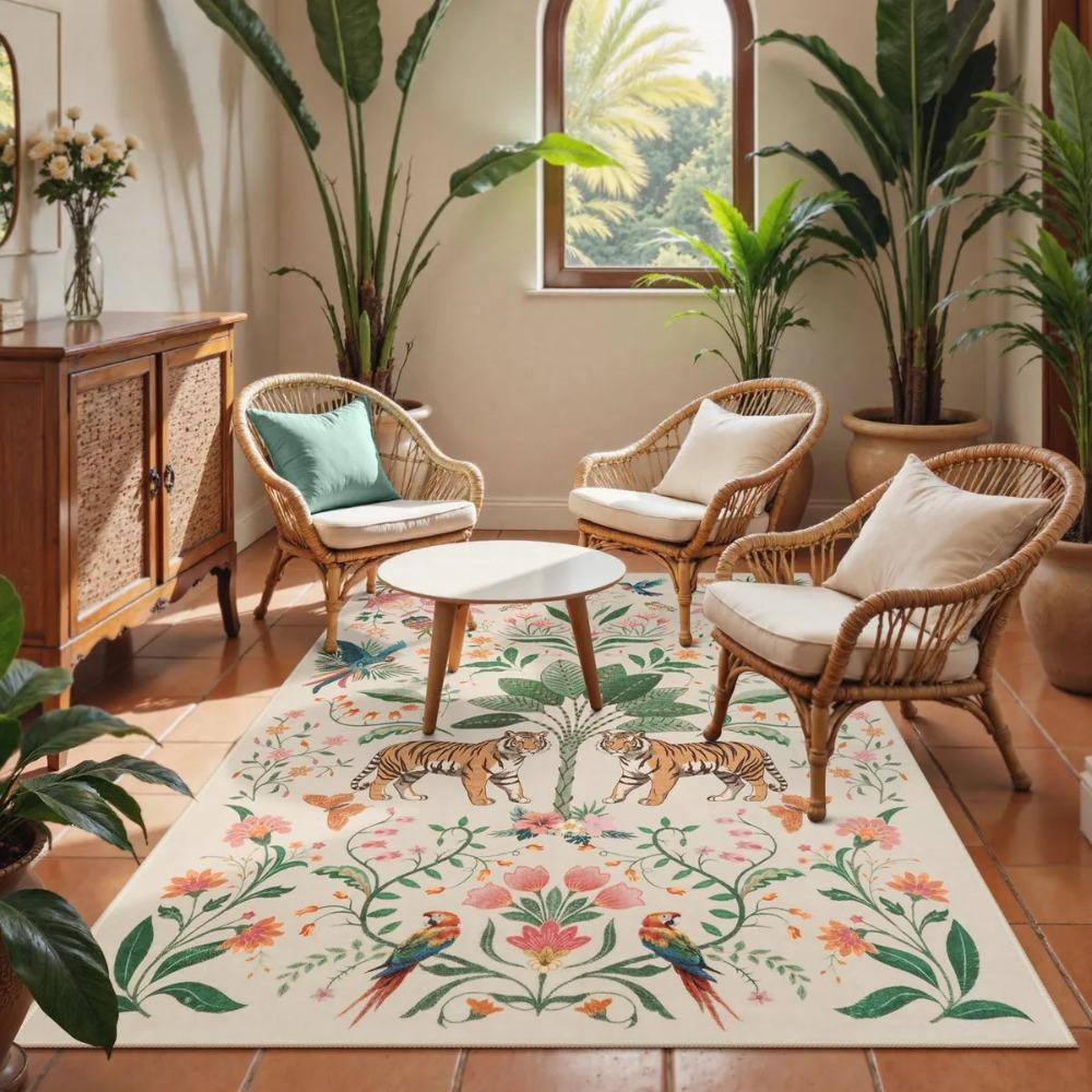 Modern Living Room Washable Jungle Tropical Tiger Beige Rug Bedroom Bohemian Style Animal Plant Carpet Retro Home Decoration Rug