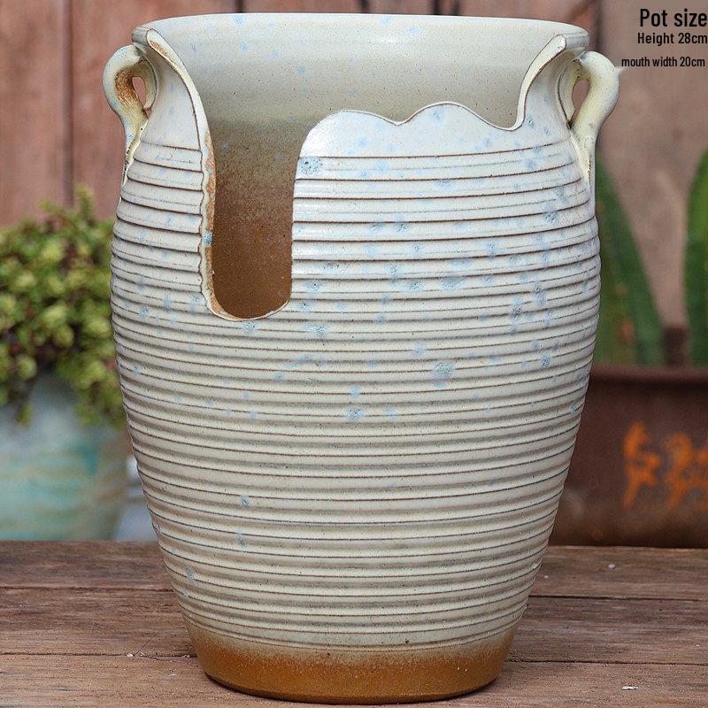 Large Handmade Coarse Pottery Succulent Flower Pot with Shallow Cut Opening