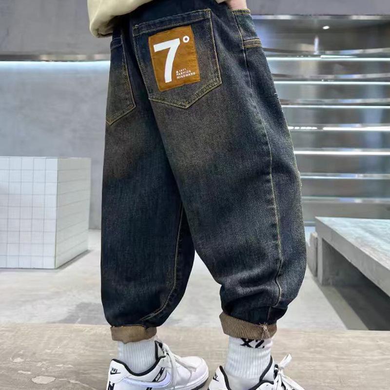 

Джинсы для мальчиков на флисовой подкладке 2025: Цельные теплые эластичные хлопковые брюки для детей 160cm (150-165cm recommended)