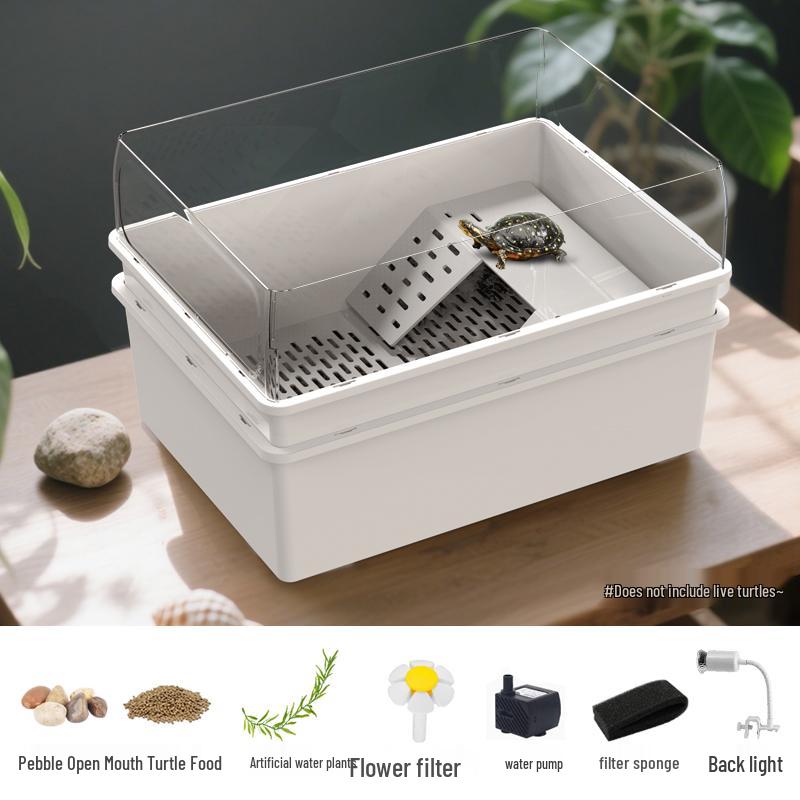 Eco-Friendly Turtle Habitat: Dual-Layer Tank with Waste Separation & Green Plant Landscaping.