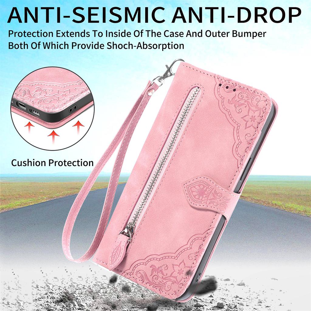 For Oppo Reno12 F 5G Zipper Wallet Case with Strap Flower Imprint PU Leather Phone Cover