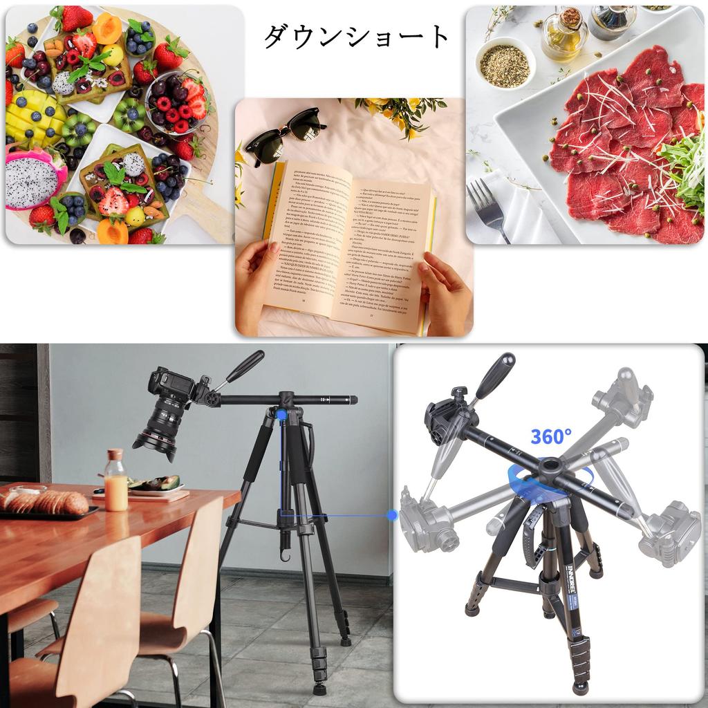 INNOREL Camera Tripod for DSLR Monopod Panoramic Rotating Center Overhead Aluminum 5 Lever Travel Smartphone with Storage RT20H Cameras, Convertible,