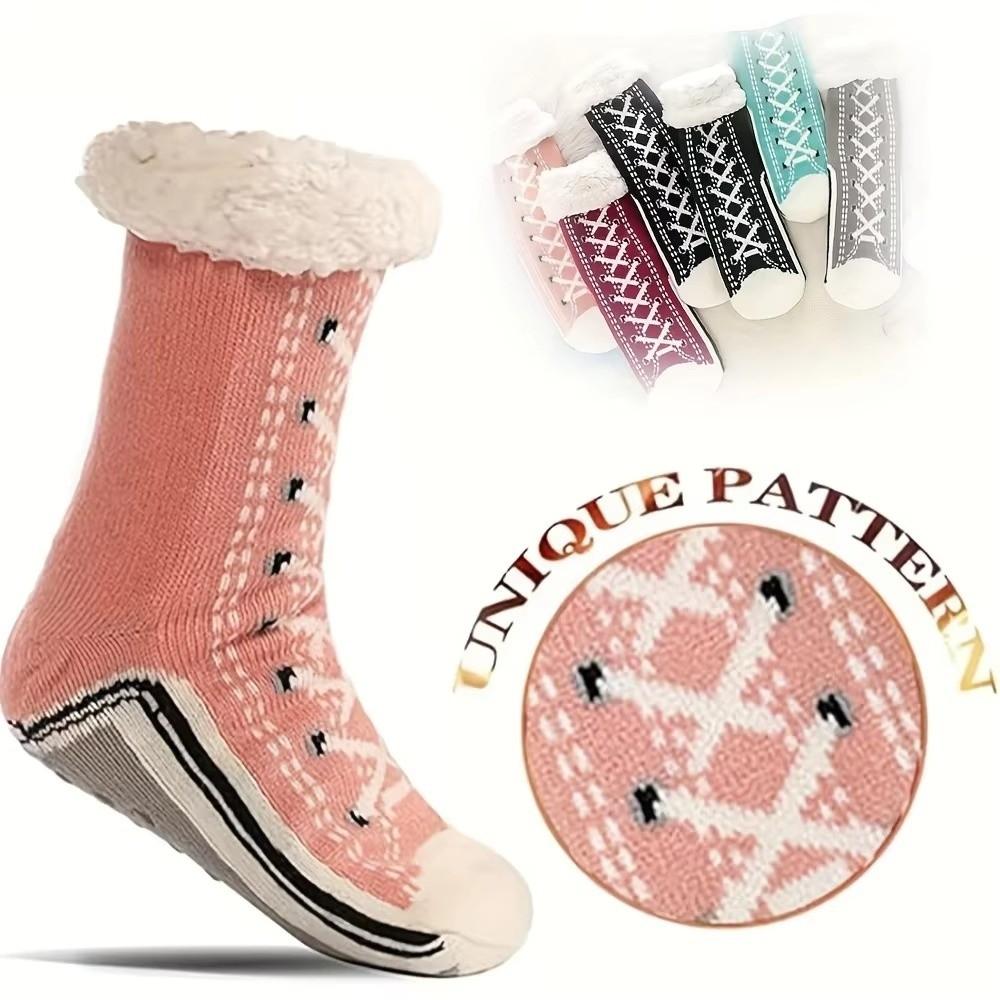 1Pair Striped Floor Sleeping Socks Plush Snow Socks Casual Slipper Sock  for Woman Girls