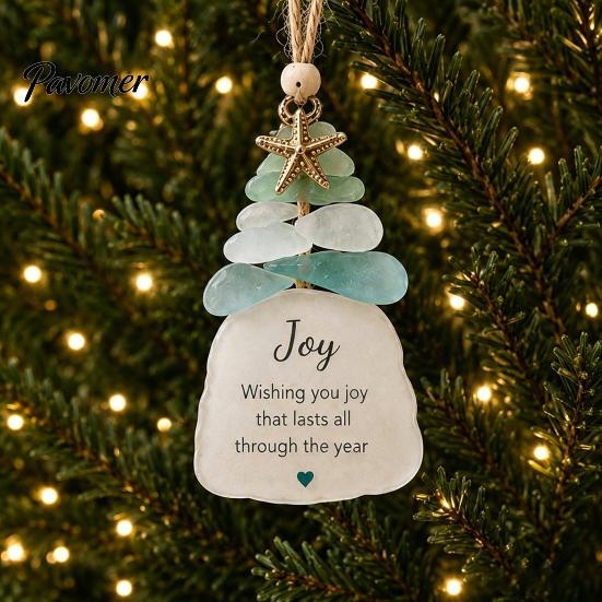 Handmade Christmas Ornament Sea Glass Tree Ornament, Seaglass Art Hanging Decor with Starfish Charm, Festive Window Door Peace Love Joy Faith