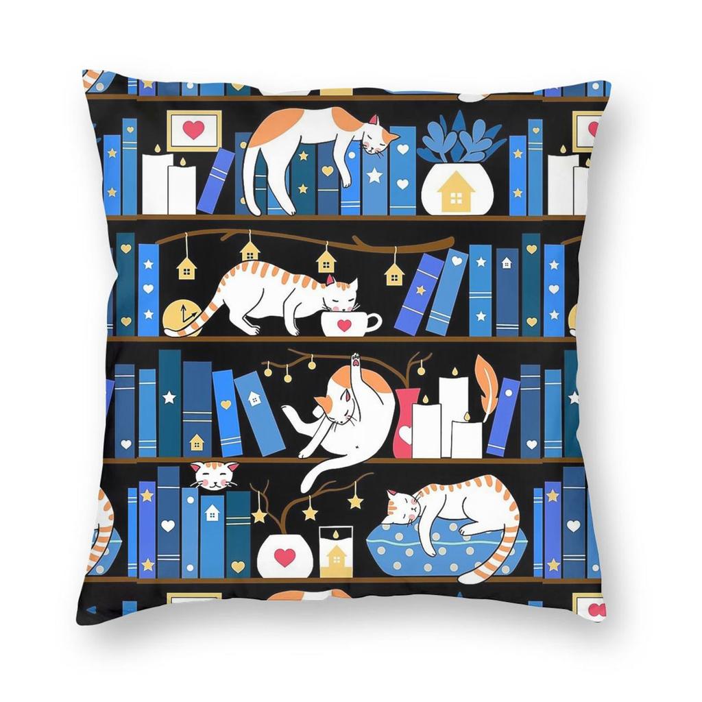 Library Cats Midnight Blue Square Pillowcase Polyester Linen Velvet Printed Zip Decor Throw Pillow Case Sofa Cushion Cover