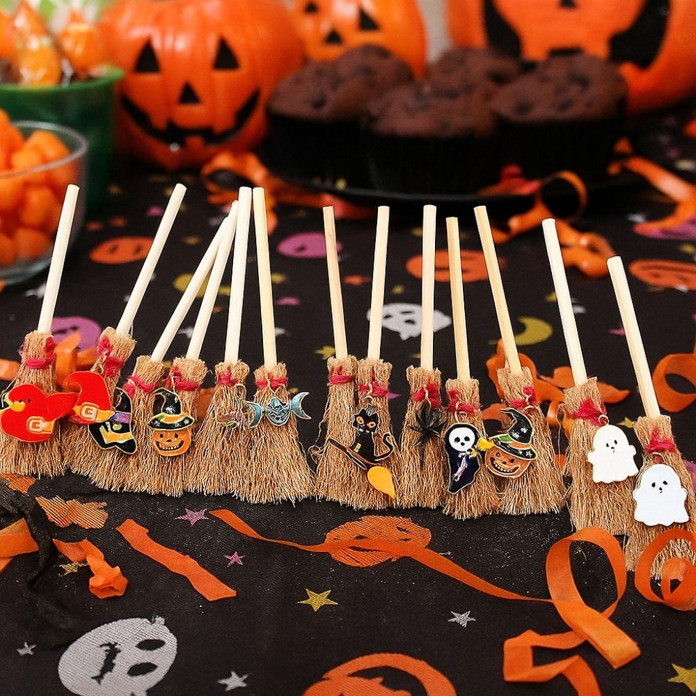 Spider Ghost Halloween Broom Wooden Red Rope Broom Mini Broom Pendant  Halloween Festival