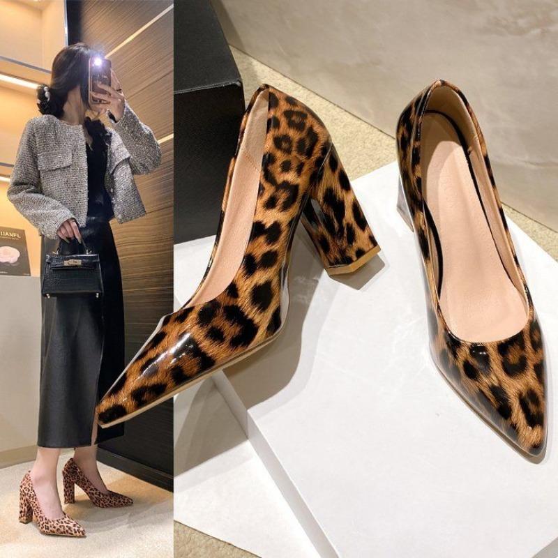 Γόβες Slip-on από Λουστρίνι με Λεοπάρ Μοτίβο Μόδα Μυτερή Μύτη Χαμηλό Μπροστινό Αντιολισθητικές Ανθεκτικές στη Φθορά Παπούτσια με Χοντρό Τακούνι