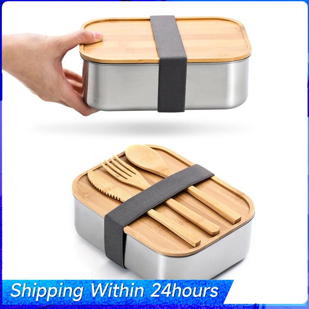 Scatola Bento in Legno Naturale Scatola Pranzo Quadrata Acciaio Inossidabile Stoviglie da Esterno Scatole Pranzo Custodia per Picnic Cucina Giapponese