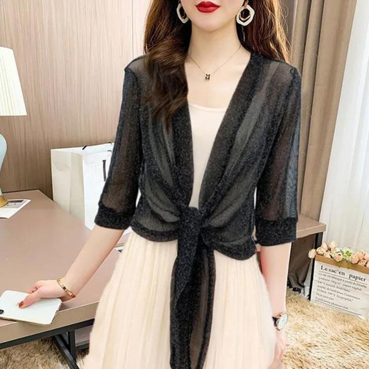 Summer Women's Loose Fit Breathable Thin Cardigan Half Sleeve Shawl Casual Bright Lace Sun Protection Clothing Silk