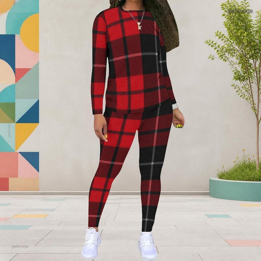 Women Plus Size Red Black Checkered Printed Round Neck Long Sleeve Two Piece Pants Set