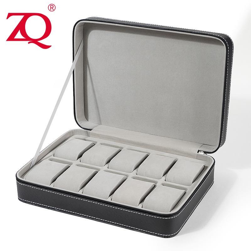 Portable Black and Blue-Gray Leather Zipper Watch Box with 6, 10, or 12 Slots - Flip-Top Jewelry Storage